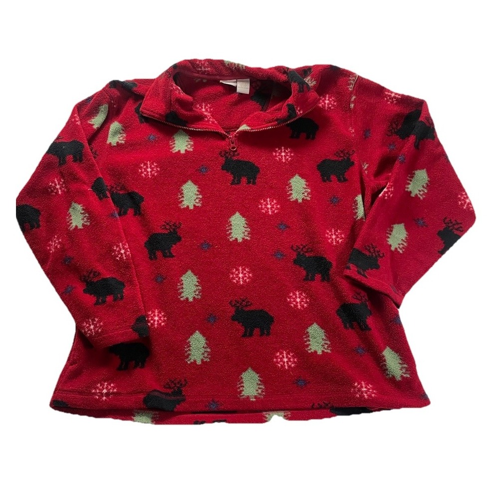 Vintage Cherokee Sweater Womens XL‎ Red Moose Print Quarter Zip Pullover Winter